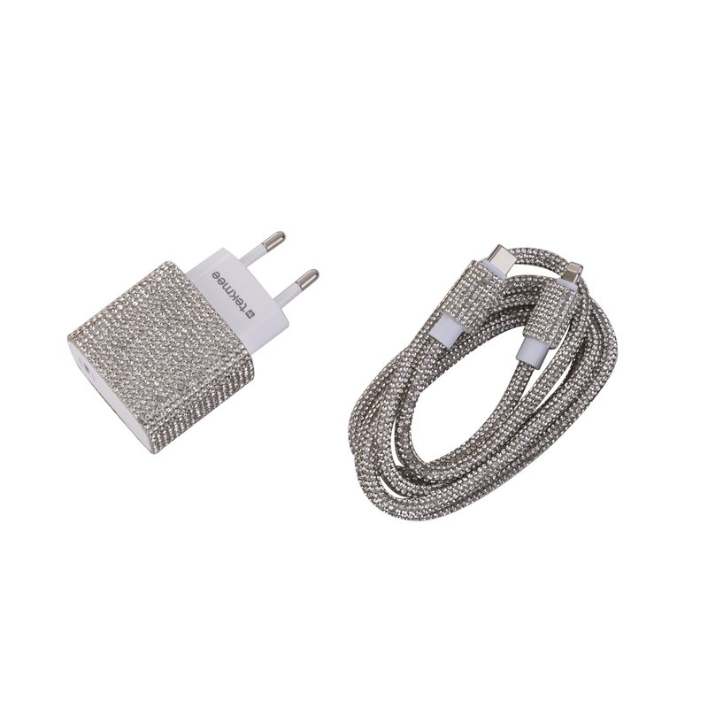 Kit de Charge Rapide Strass Argenté – 20W & 18W, Type-C à Lightning