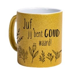 A gold-colored mug with a text that says "Juf, jij bent GOUD waard!" which translates to "Teacher, you are worth gold!" The mug features a floral design in black.