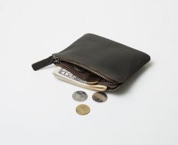 A small, rectangular leather coin purse with a zipper closure, available in various colors including slate grey, brown, camel, and black.