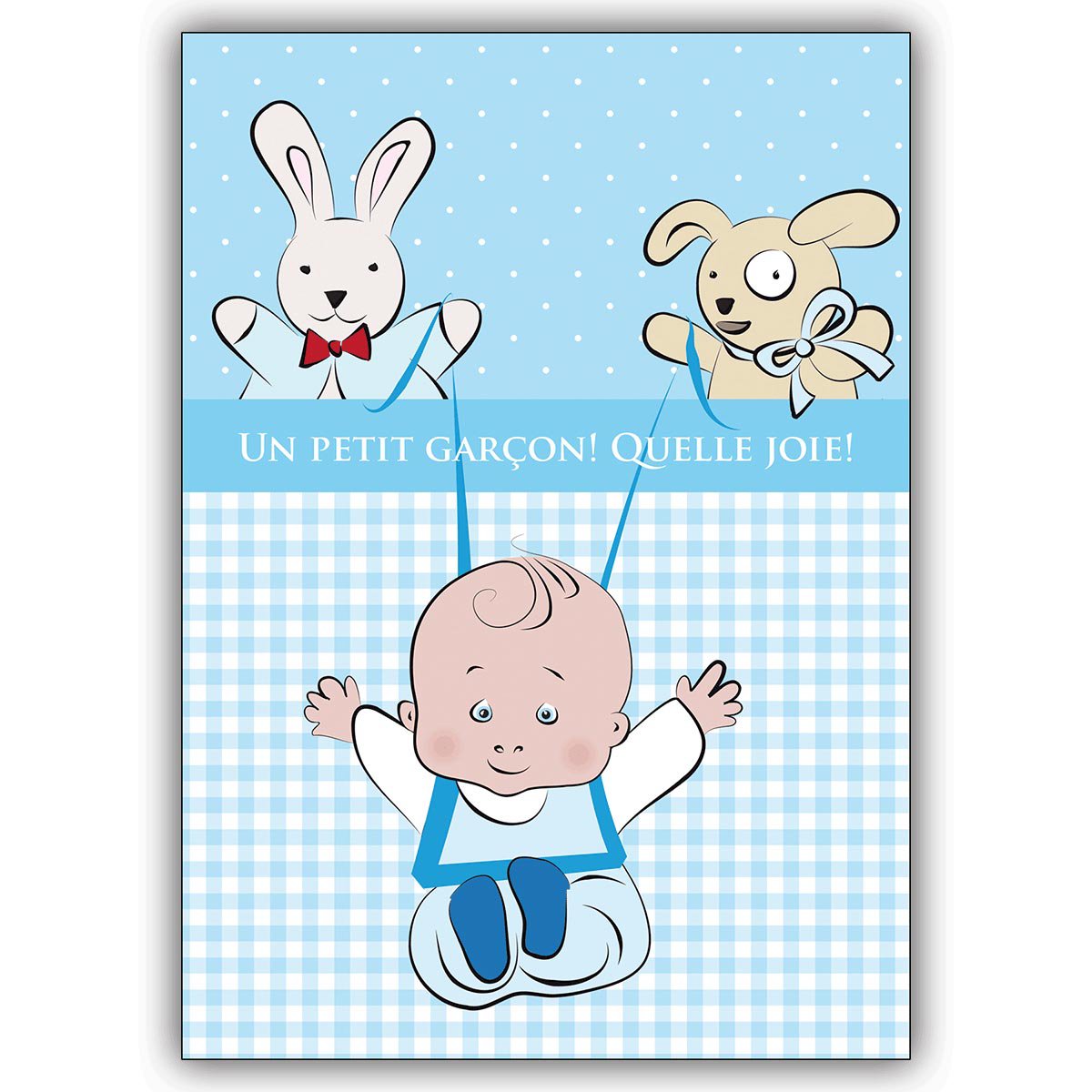 Great French baby card with blue gingham check: Un petit garçon! Source joie!
