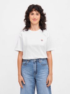 Bio T-Shirt Peace & Love-White Cotton T-shirt with cardiac embroideration lettering, women