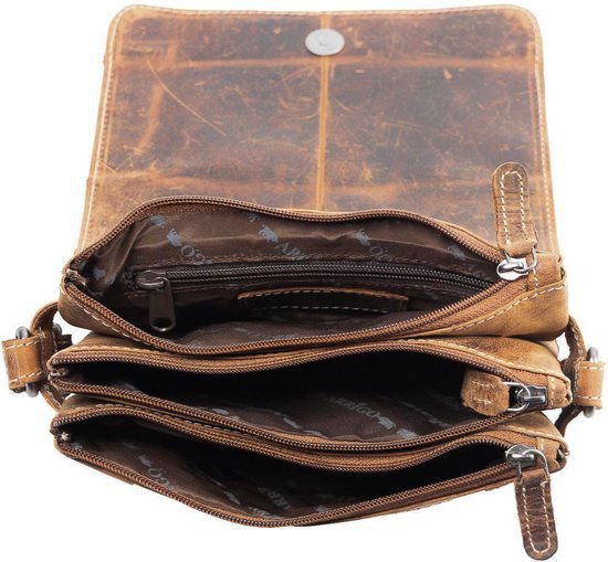 Umhängetasche für Damen mit hellbraunem Büffelleder - Praktischer Ledertasche mit mehreren Reißverschluss -Taschen, perfekt für Organisation und Stil.