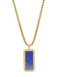 Collier en acier inoxydable doré masculin avec pendentif rectangle lapis lazuli