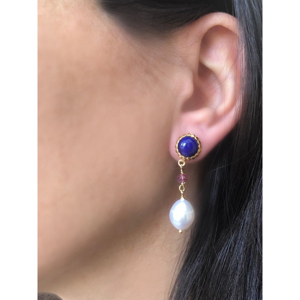 Lapis, Pink Quartz & Pearl Drop Earrings