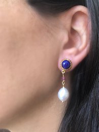 Lapis, Pink Quartz & Pearl Drop Earrings