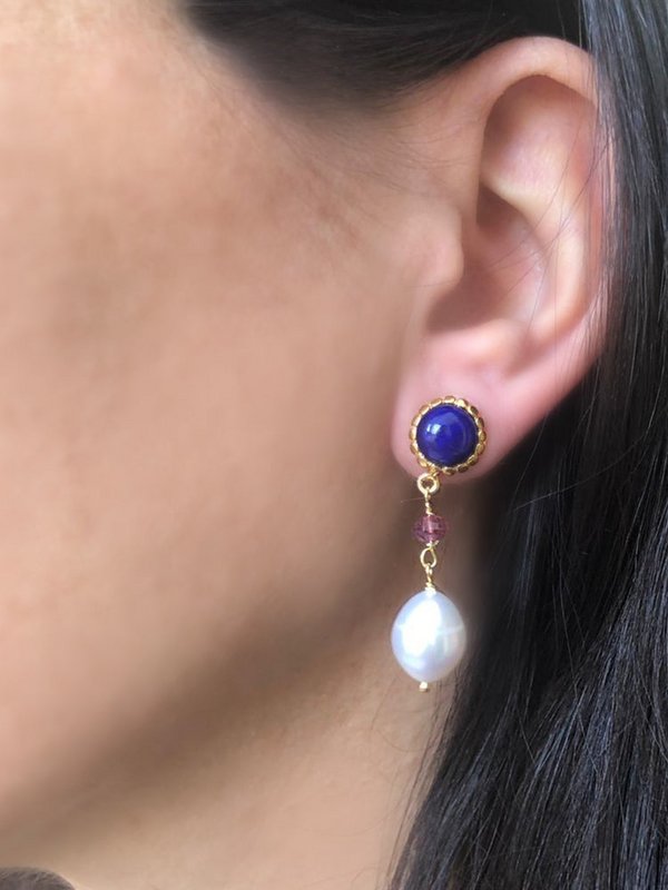 Lapis, Pink Quartz & Pearl Drop Earrings