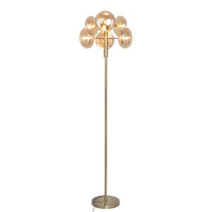 Stehleuchte "ORION" ca. 165 cm hoch, aus messingfarbenem Metall und Glas in amber, G9-Sockel, Beleuchtung für Wohnzimmer, Esszimmer oder Büro.