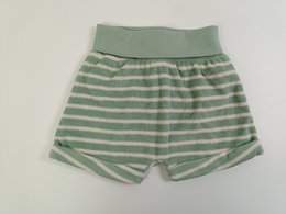 Green striped knitted terry shorts, soft comfortable baby pants with horizontal stripes, elastic waistband.