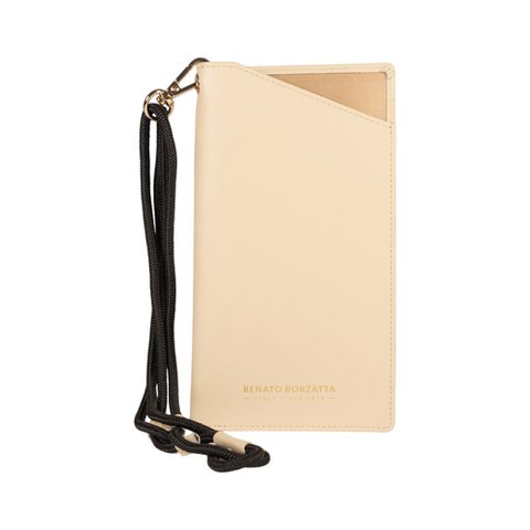 RB1087AL | Brillen-/Smartphone-Halter mit Schultergurt, hergestellt in Italien aus echtem, glattem, mattem Leder. Beige Farbe