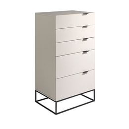 Tall gray wood and black steel chiffonier with 5 drawers for storage.