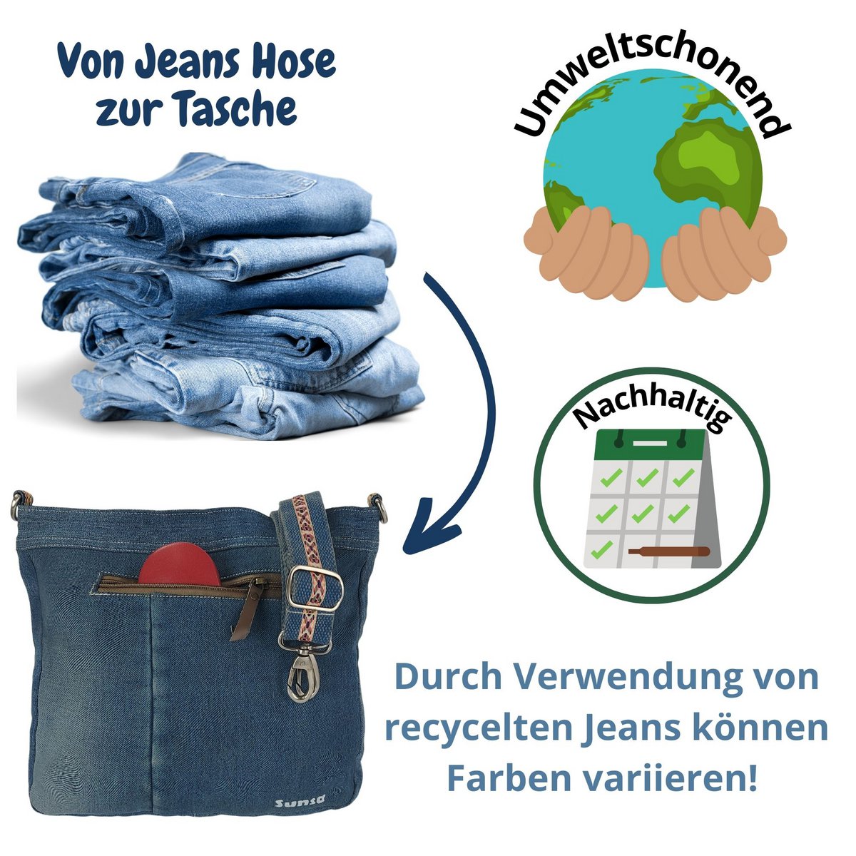 Sunsa Damen Umhängetasche. Schultertasche aus Upcycling Jeans und Baumwolle. Handtasche Vintage Retro Stil. Crossbody Tasche für Frauen.