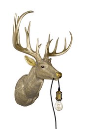 Large gold deer-shaped wall lamp with antlers and a hanging light fixture.