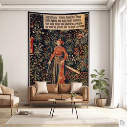 Middelalderlig Amazon Queen Millefleurs Vægtapet — Navy Floral Warrior | MEV012