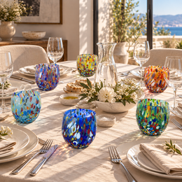Klassische Wassergläser aus mundgeblasenem und handgefertigtem Glas mit Murano-Murrine, Linie „I Colori di Murano“, 320 ml. Hergestellt in Italien