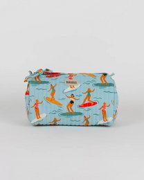  Quilted cotton toiletry bag with colorful surfing pattern, beach-themed design, available in small medium large sizes.