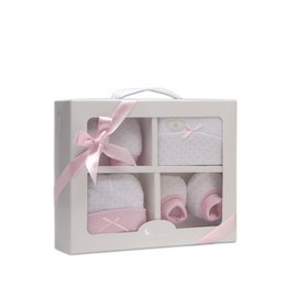 SET 4 STUKS (MUTS+HANDSCHOENEN+SLABBER+SOKKEN) VOOR NIEUWBORGEN (0-6 MAANDEN) - 100% KATOEN - MOD. ROZE