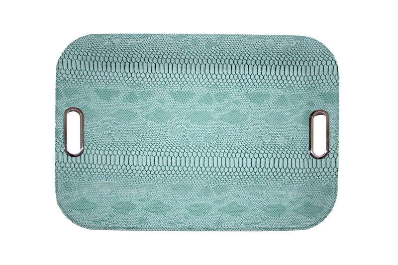 Tablet rechthoekig platte handvat reptiel turquoise synthetisch leer