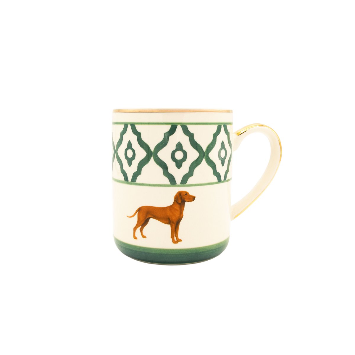 Tasse à café/tasse à café modèle Vizsla en céramique, peinte à la main avec motif Vizsla, bord doré et anse dorée, 250 ml. Contenu de la tasse disponible en rouge, vert et bleu