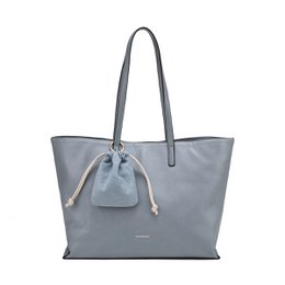 Beige black leather tote shoulder bag with long handles and drawstring pouch charm