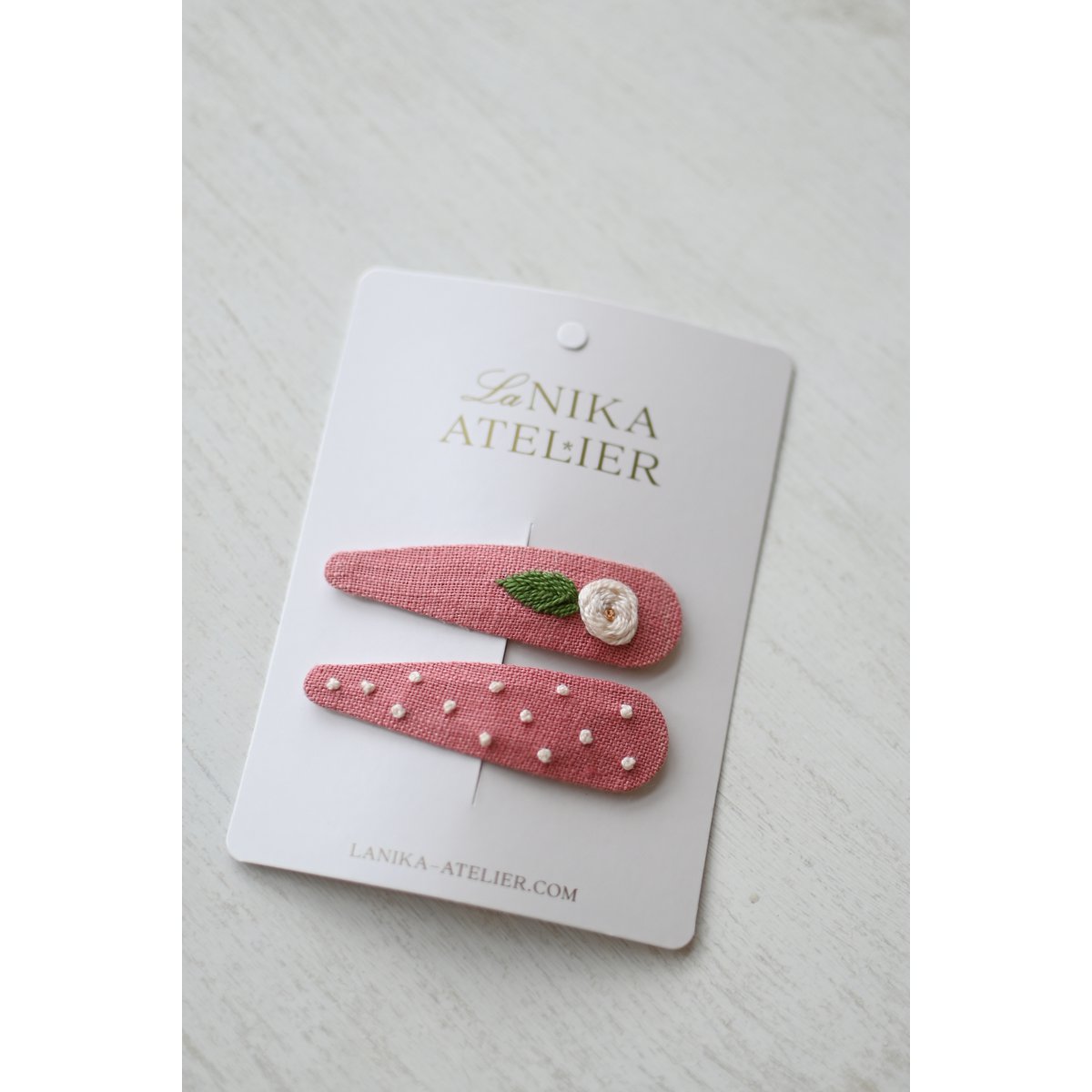 Barrettes cheveux Rose et feuille + pois rose saumon