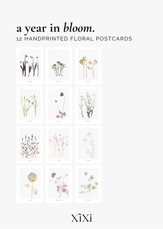 a year in bloom. Set of 12 handprinted floral postcards.