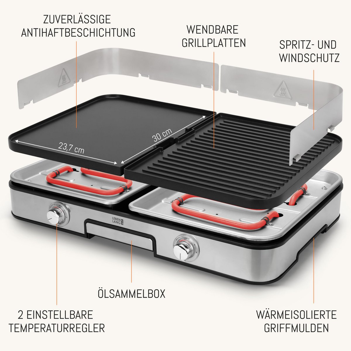 LEBENLANG Elektrogrill Tischgrill elektrisch - Inkl. Grillzange & Spritzschutz I 2400W Für Drinnen & Draußen I Gril Elektro Grill für Balkon Tisch I Elektrischer Plattengrill Indoor Grills Indoorgrill