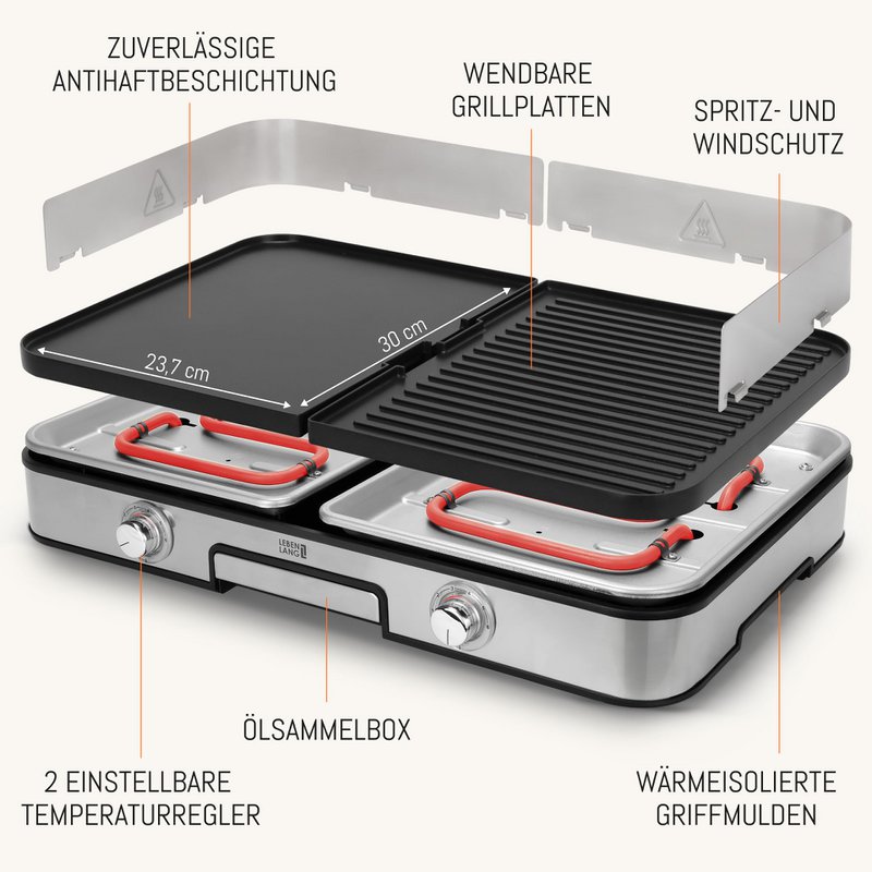 LEBENLANG grill elettrico da tavolo grill elettrico - comprese pinze per grill e paraspruzzi I 2400W per interni ed esterni I grill grill elettrico per tavolo da balcone I grill elettrico a piastra grill per interni grill per interni
