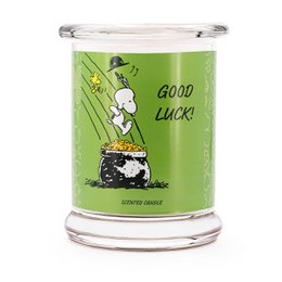  A round, tall scented candle with the label "Good Luck" featuring the Peanuts character Snoopy. The candle is green in color and has a 250g weight.