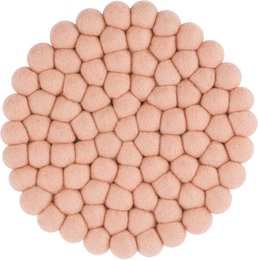 A round, pink trivet made of soft, felt-like material. The trivet is composed of numerous small, circular pads arranged in a circular pattern, creating a textured, decorative surface.