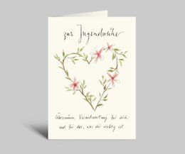 Jeugd wijdingskaart | Bloemenhart met groene bladeren | Neem verantwoordelijkheid voor jezelf en voor wat voor jou belangrijk is | Vouwkaart met envelop voor de jeugdwijding