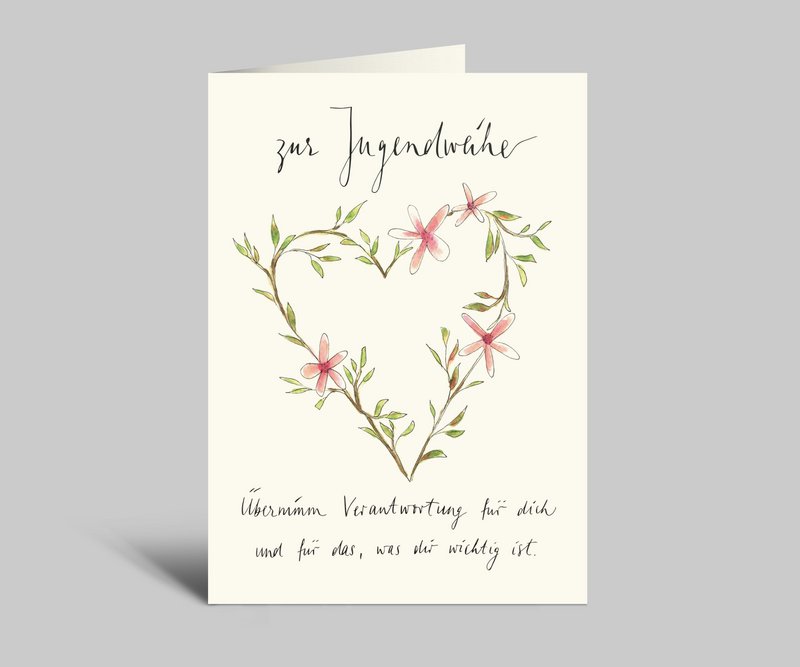 Jeugd wijdingskaart | Bloemenhart met groene bladeren | Neem verantwoordelijkheid voor jezelf en voor wat voor jou belangrijk is | Vouwkaart met envelop voor de jeugdwijding