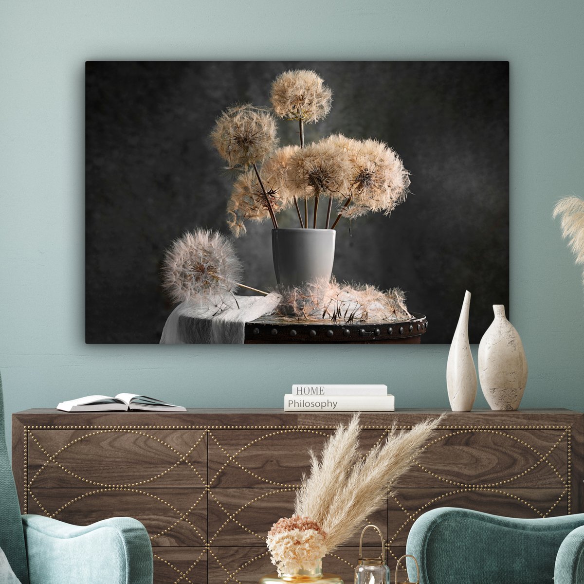 Leinwand Malerei - Wanddekoration - Blumensamen - Löwenzahn - Vase - Stillleben - Bouquet