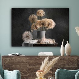 Lærredsmaleri - vægdekoration - blomsterfrø - mælkebøtte - vase - stilleben - buket