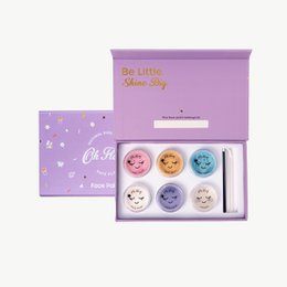 Purple face paint set with six colorful pots, brush applicator, magic garden theme design.