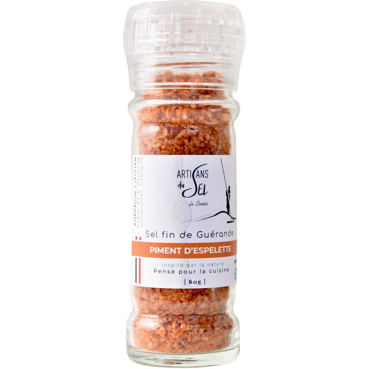 Sel fin de Guérande au Piment d’Espelette AOP– Moulin Rechargeable 80g – Artisans du Sel