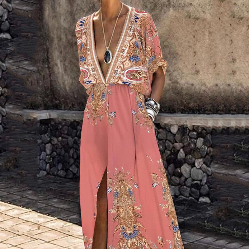 Vintage-Muster bedrucktes Boho-langes Kleid für Damen, sexy, tiefer V-Ausschnitt