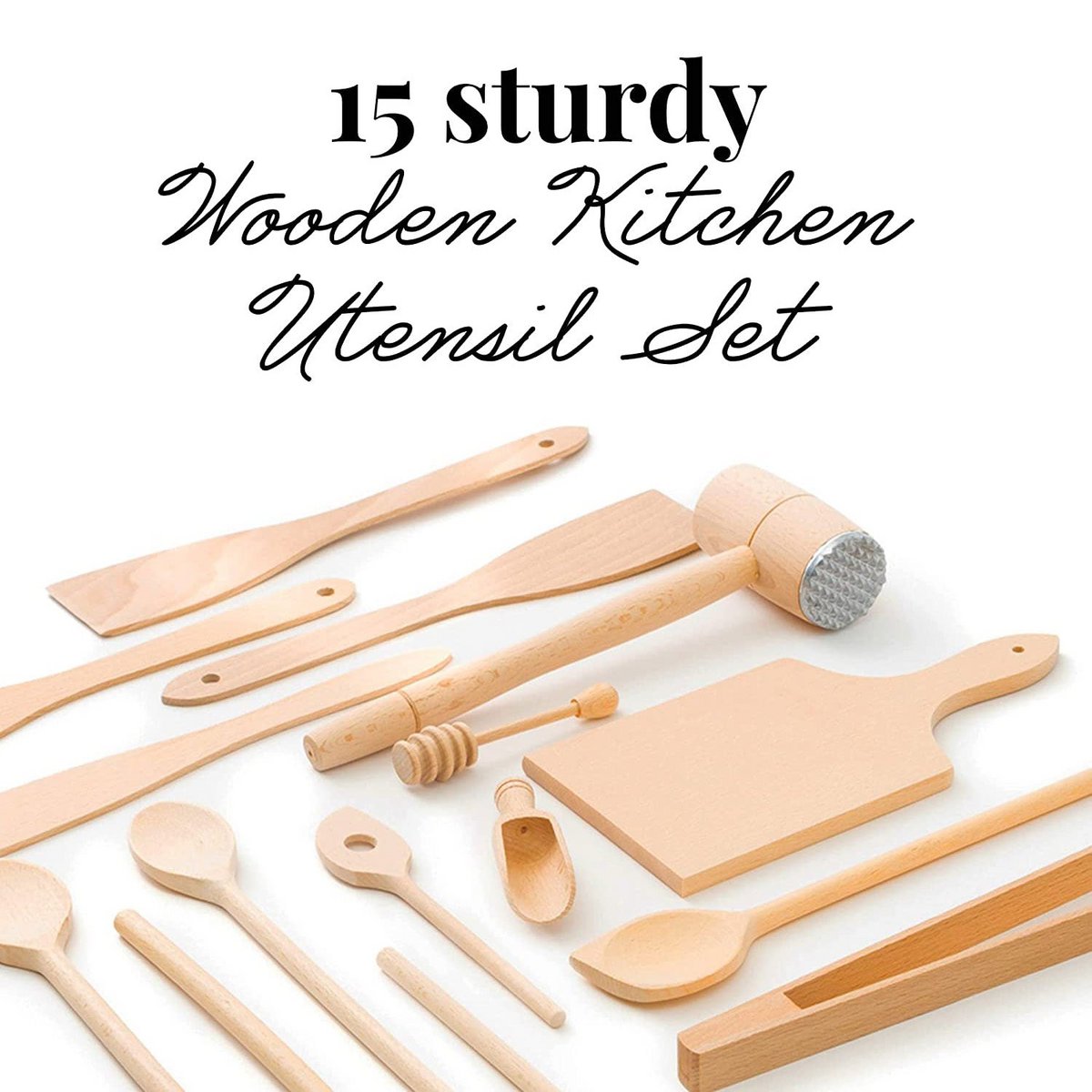 15 Piece Wooden Kitchen Utensil Set (Cooking Spoons, Turners, Honey Spoon, BBQ Tongs, Cutting Board, Meat Hammer, Spice Spoon)