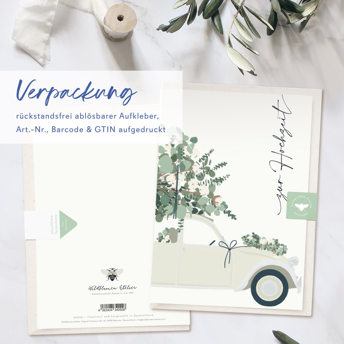 Klappkarte 'zur Hochzeit' mit crémefarbenem Auto und Eukalyptus, inkl. Umschlag
