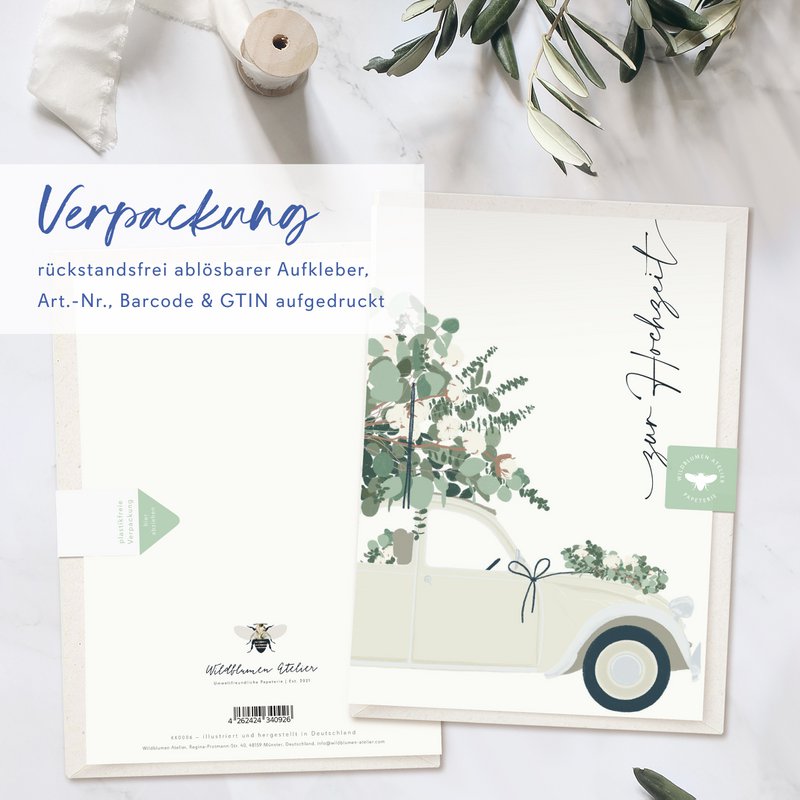 Folding card 'for the wedding' with cream-colored car and eucalyptus, including envelope