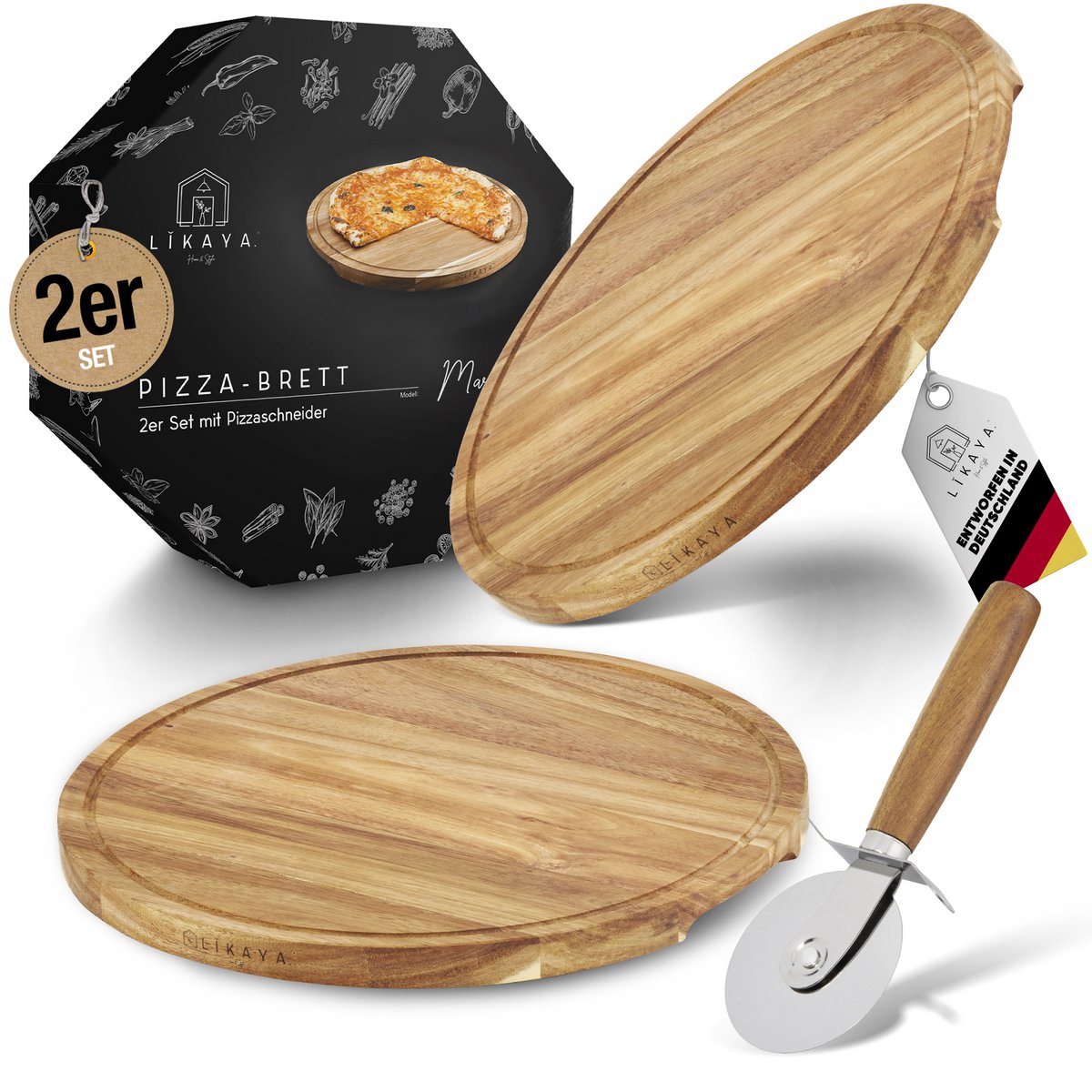Pizza Board / Pizza Plate 'Mario' 2 Set Round with Pizza Cutter [⌀35 cm de haut] Fabriqué en bois Acacia certifié FSC®