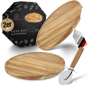 Pizzabrett/Pizzateller 'MARIO' 2er Set rund mit Pizzaschneider [⌀35cm groß] aus FSC®-zertifiziertem Akazien-Holz