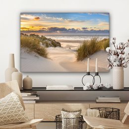 Lærredsmaleri - vægdekorationstrand - klit - græs - solnedgang - hav - vægdekoration stue - soveværelse dekoration - værelse tilbehør - malerier på lærred