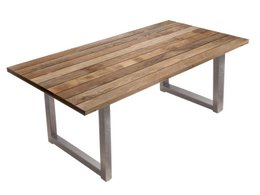 Dining table with a 240 cm x 100 cm tabletop, 43 mm thick, made of natural mango wood, and a U-shaped metal frame in an antique silver finish.