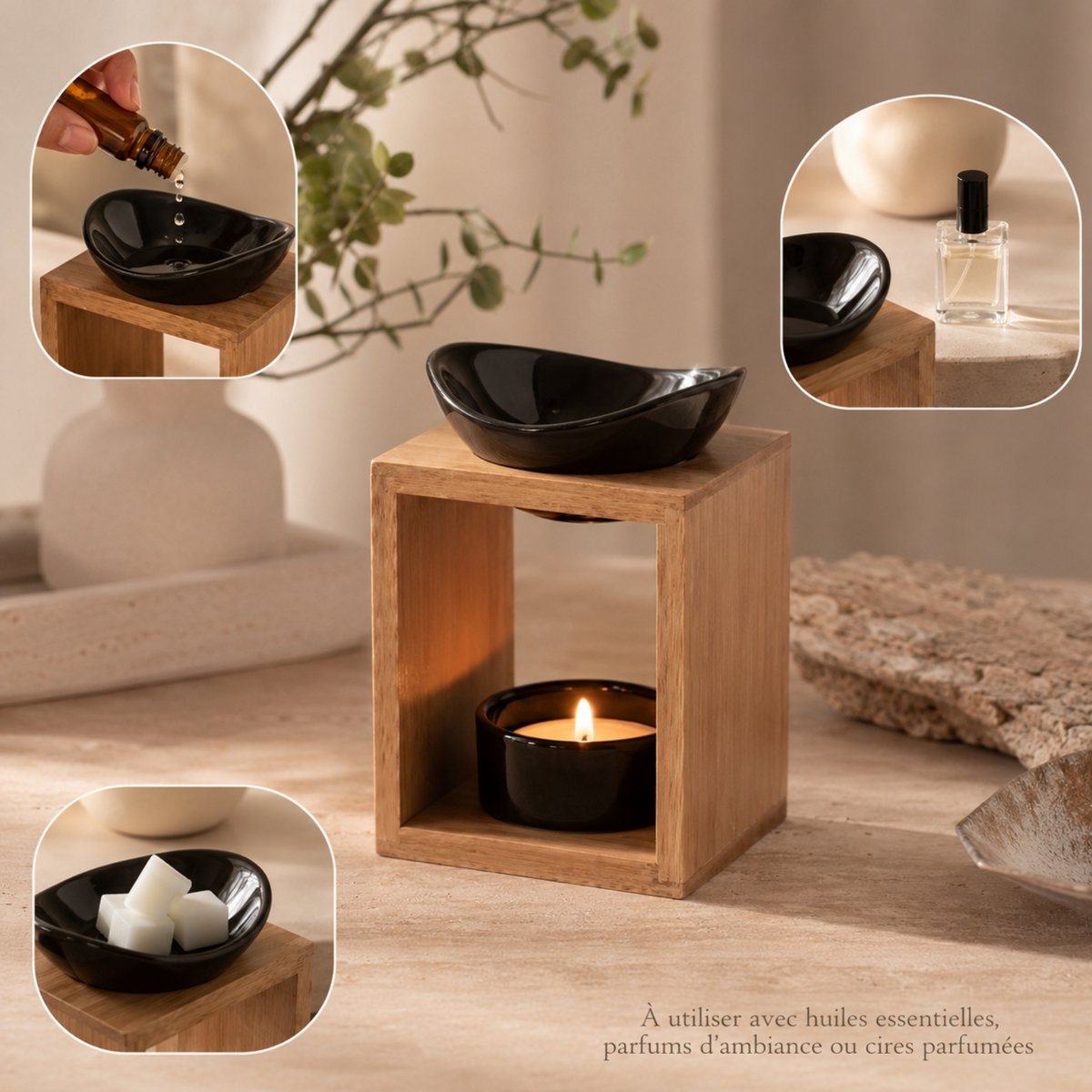 Quemador de perfume serie Naturea - Kalos - Portavelas de cera perfumada - Objeto decorativo de aromaterapia - Bambú y cerámica - Idea de regalo
