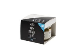A small glass jar of ginger mustard, weighing 135g. The jar has a black and white label with the product name.