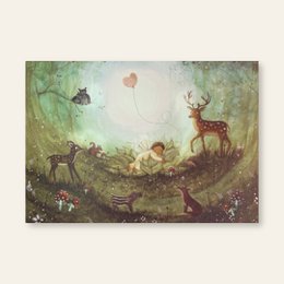  Whimsical forest scene with deer, butterflies, and a sleeping child. Vibrant green and pink tones create a dreamlike atmosphere.
