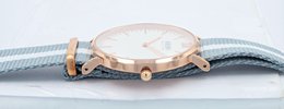Moderno Milano stainless steel women's watch 36.5 mm, sapphire crystal & nylon NATO strap (light blue-white), rose gold-colored