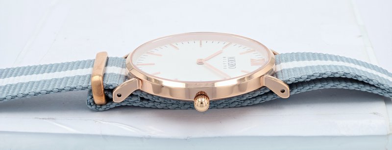 Moderno Milano stainless steel women's watch 36.5 mm, sapphire crystal & nylon NATO strap (light blue-white), rose gold-colored
