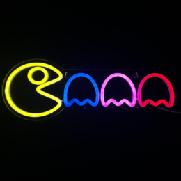  Colorful neon Pacman-themed lamp with hanging hooks, suitable for wall decor in a game or entertainment room.