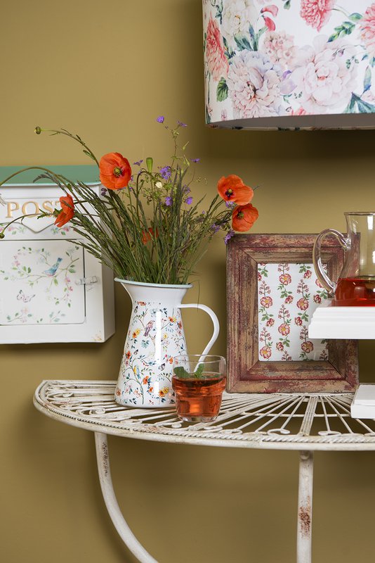 Decoratie Kan 16x12x20 cm Wit Rood Metaal Bloemen